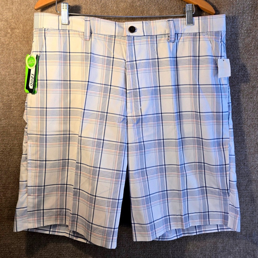 IZOD PerformX Golf Shorts Mens 36 White Blue Red Plaid UPF‎ 50 Sun Control NEW